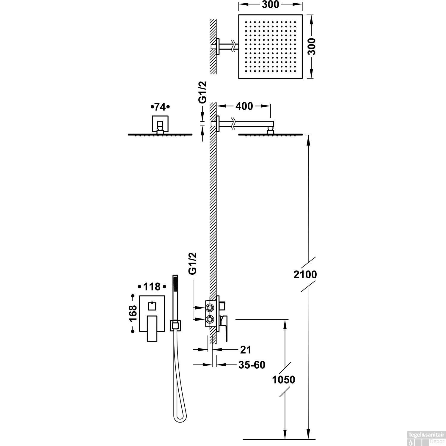 Regendoucheset Inbouw Tres Cuadro Exclusive Met Wandarm En Handdoucheset Met Staafhanddouche Mat Zwart - Afbeelding 2