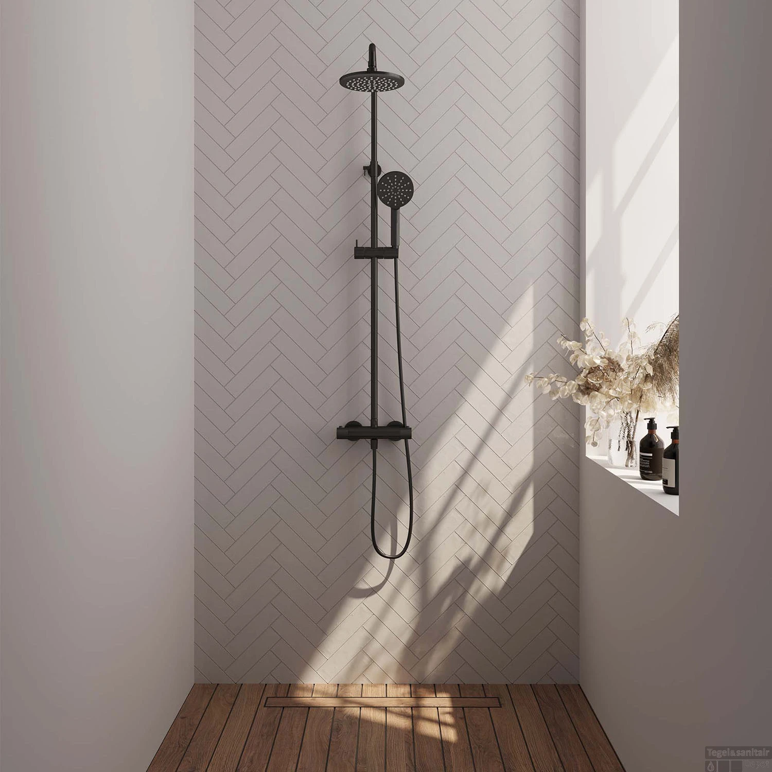 Regendoucheset Opbouw Brauer Black Carving 20 Cm Thermostatisch Met Handdouche 3-Standen Mat Zwart - Afbeelding 2