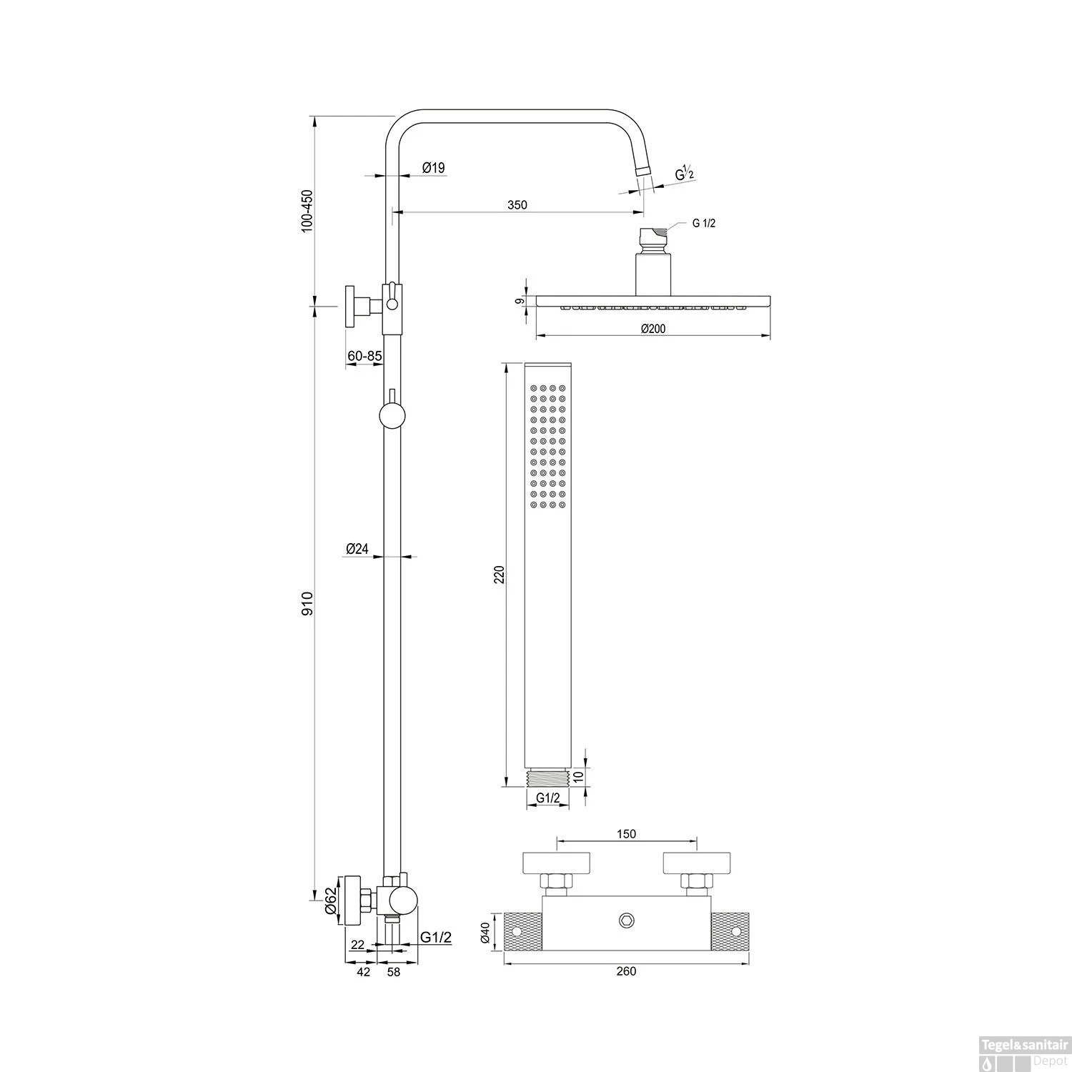 Regendoucheset Opbouw Brauer Chrome Carving 20 Cm Thermostatisch Met Staaf Handdouche Chroom - Afbeelding 7