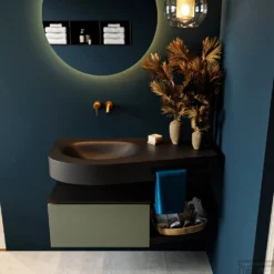 MONDIAZ RIVA 100cm Badmeubel Onderkast / Planchet Kleur Army Met 1 Lade. Wastafel DULCET Links 0 Kraangaten Kleur Urban.