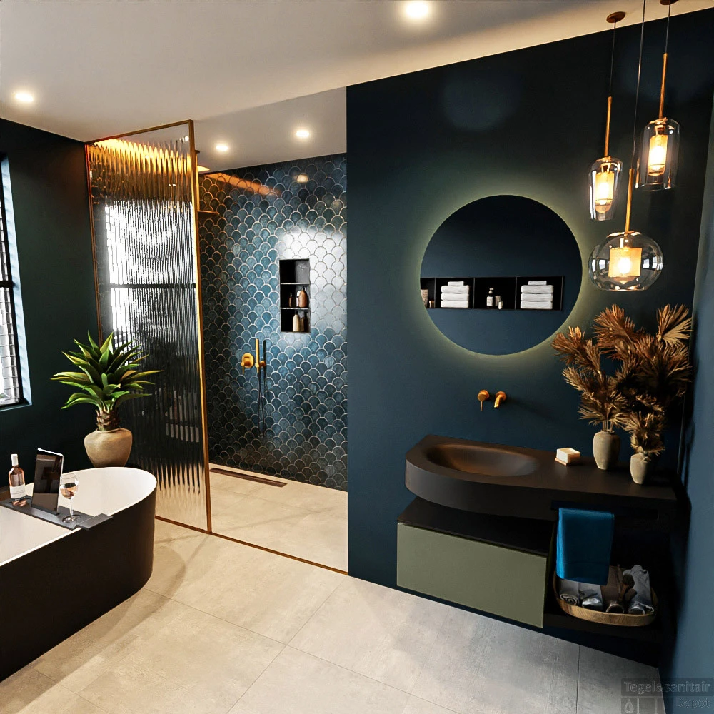 MONDIAZ RIVA 100cm Badmeubel Onderkast / Planchet Kleur Army Met 1 Lade. Wastafel DULCET Links 0 Kraangaten Kleur Urban. 2 MONDIAZ RIVA 100cm Badmeubel Onderkast / Planchet Kleur Army Met 1 Lade. Wastafel DULCET Links 0 Kraangaten Kleur Urban. - Afbeelding 2