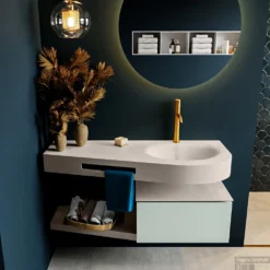 MONDIAZ RIVA 120cm Badmeubel Onderkast / Planchet Kleur Greey Met 1 Lade. Wastafel DULCET Rechts 1 Kraangat Kleur Linen.