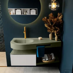 MONDIAZ RIVA 120cm Badmeubel Onderkast / Planchet Kleur Linen Met 1 Lade. Wastafel DULCET Links 1 Kraangat Kleur Army.