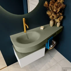 MONDIAZ RIVA 120cm Badmeubel Onderkast / Planchet Kleur Linen Met 1 Lade. Wastafel DULCET Links 1 Kraangat Kleur Army. -Baden Luxe Verkoop riva onderkast linen dulcet planchet army top 0008