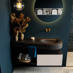 MONDIAZ RIVA 120cm Badmeubel Onderkast / Planchet Kleur Linen Met 1 Lade. Wastafel DULCET Rechts 0 Kraangaten Kleur Urban.