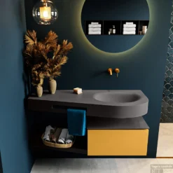 MONDIAZ RIVA 120cm Badmeubel Onderkast / Planchet Kleur Ocher Met 1 Lade. Wastafel DULCET Rechts 0 Kraangaten Kleur Dark_Grey.