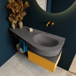 MONDIAZ RIVA 120cm Badmeubel Onderkast / Planchet Kleur Ocher Met 1 Lade. Wastafel DULCET Rechts 0 Kraangaten Kleur Dark_Grey. -Baden Luxe Verkoop riva onderkast ocher dulcet planchet dark grey top 0007