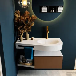 MONDIAZ RIVA 100cm Badmeubel Onderkast / Planchet Kleur Rust Met 1 Lade. Wastafel DULCET Rechts 1 Kraangat Kleur Talc.