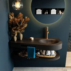 MONDIAZ RIVA 120cm Wastafel Met Planchet Kleur Urban. Wastafel DULCET Rechts 1 Kraangaten Kleur Urban.