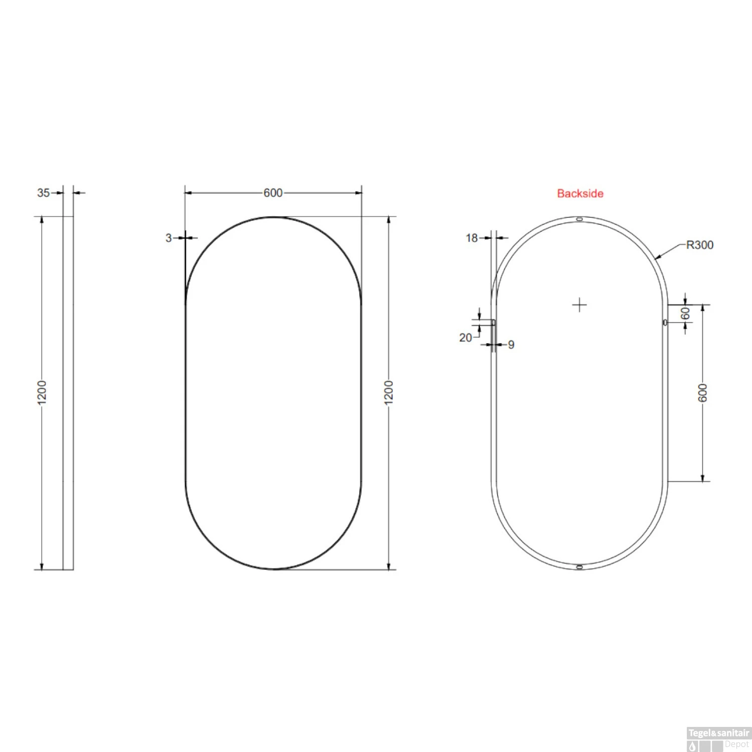 Spiegel SP20 Ovaal In Stalen Kader 60 Cm X 4 Cm X 120 Cm Mat Wit - Afbeelding 2