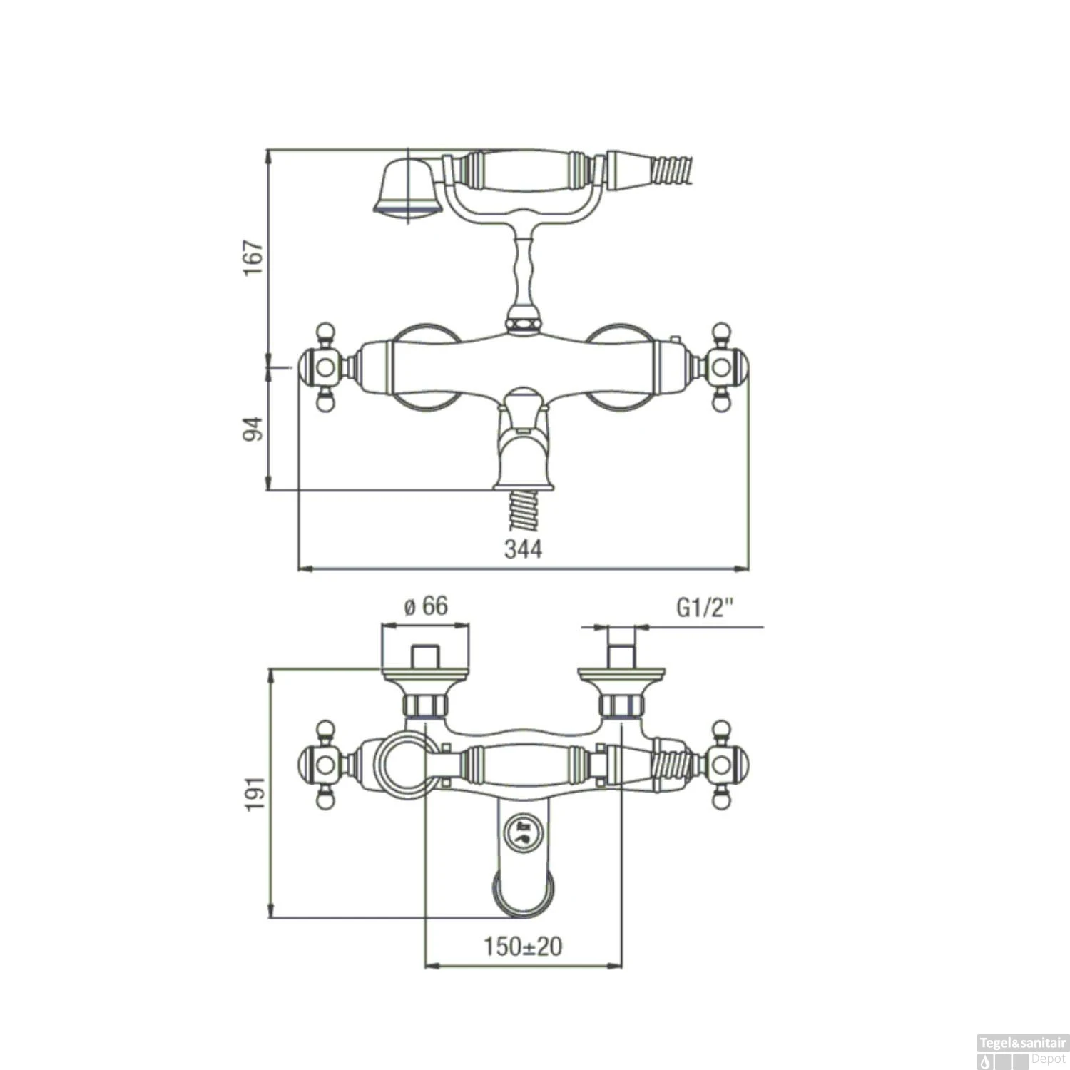Opbouw Badkraan Sapho Sassari Thermostaat 2-kruisgreep 19.1 Cm Chroom (incl Handdouche) - Afbeelding 4