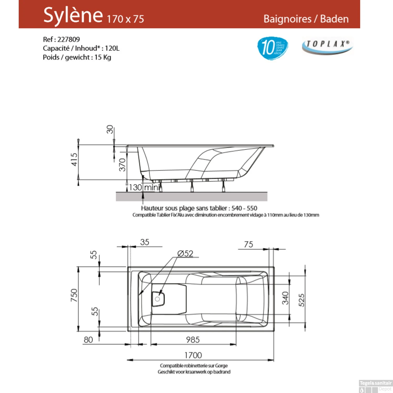 Ligbad Allibert Sylene 170x75x54-55 Cm 2 Ligbad Allibert Sylene 170x75x54-55 Cm - Afbeelding 2