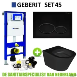 Geberit UP320 Toiletset Set45 Wiesbaden Vesta Rimless Mat Zwart Met Matzwarte Drukplaat