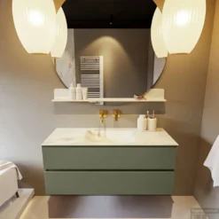 MONDIAZ VICA-DLUX 120cm Badmeubel Onderkast Army 2 Lades. Inbouw Wastafel CLOUD Midden Zonder Kraangat, Kleur Frappe. -Baden Luxe Verkoop vica dluxe inbouw cloud frappe army front1 0020