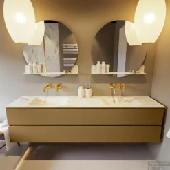 MONDIAZ VICA-DLUX 200cm Badmeubel Onderkast Oro 4 Lades. Inbouw Wastafel CLOUD Dubbel Zonder Kraangat, Kleur Frappe, En Spiegel Model SPOT -Baden Luxe Verkoop vica dluxe inbouw cloud frappe oro front1 0064