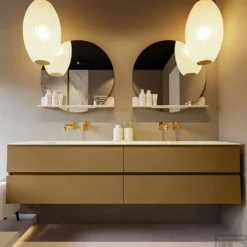 MONDIAZ VICA-DLUX 200cm Badmeubel Onderkast Oro 4 Lades. Inbouw Wastafel CLOUD Dubbel Zonder Kraangat, Kleur Frappe, En Spiegel Model SPOT -Baden Luxe Verkoop vica dluxe inbouw cloud frappe oro front2 0064