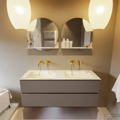 MONDIAZ VICA-DLUX 130cm Badmeubel Onderkast Smoke 2 Lades. Inbouw Wastafel CLOUD Dubbel Zonder Kraangat, Kleur Frappe. -Baden Luxe Verkoop vica dluxe inbouw cloud frappe smoke front1 0031