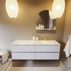 MONDIAZ VICA-DLUX 150cm Badmeubel Onderkast Cale 4 Lades. Inbouw Wastafel CLOUD Rechts 1 Kraangat, Kleur Glace, En Spiegel Model SPOT -Baden Luxe Verkoop vica dluxe inbouw cloud glace cale front1 0060