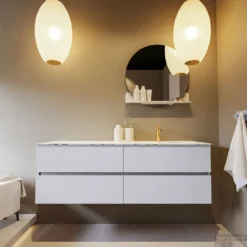 MONDIAZ VICA-DLUX 150cm Badmeubel Onderkast Cale 4 Lades. Inbouw Wastafel CLOUD Rechts 1 Kraangat, Kleur Glace, En Spiegel Model SPOT -Baden Luxe Verkoop vica dluxe inbouw cloud glace cale front2 0060