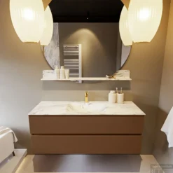 MONDIAZ VICA-DLUX 130cm Badmeubel Onderkast Rust 2 Lades. Inbouw Wastafel CLOUD Midden 1 Kraangat, Kleur Glace, En Spiegel Model SPOT -Baden Luxe Verkoop vica dluxe inbouw cloud glace rust front1 0032