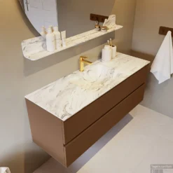 MONDIAZ VICA-DLUX 130cm Badmeubel Onderkast Rust 2 Lades. Inbouw Wastafel CLOUD Midden 1 Kraangat, Kleur Glace, En Spiegel Model SPOT -Baden Luxe Verkoop vica dluxe inbouw cloud glace rust side2 0032 13132514377718