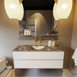 MONDIAZ VICA-DLUX 130cm Badmeubel Onderkast Talc 2 Lades. Inbouw Wastafel CLOUD Midden Zonder Kraangat, Kleur Lava. -Baden Luxe Verkoop vica dluxe inbouw cloud lava talc front1 0028