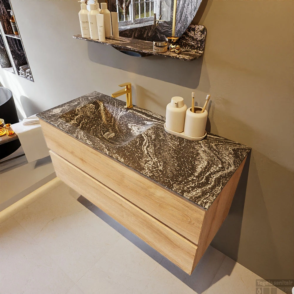 MONDIAZ VICA-DLUX 110cm Badmeubel Onderkast Washed Oak 2 Lades. Inbouw Wastafel CLOUD Links 1 Kraangat, Kleur Lava. 3 MONDIAZ VICA-DLUX 110cm Badmeubel Onderkast Washed Oak 2 Lades. Inbouw Wastafel CLOUD Links 1 Kraangat, Kleur Lava. - Afbeelding 3