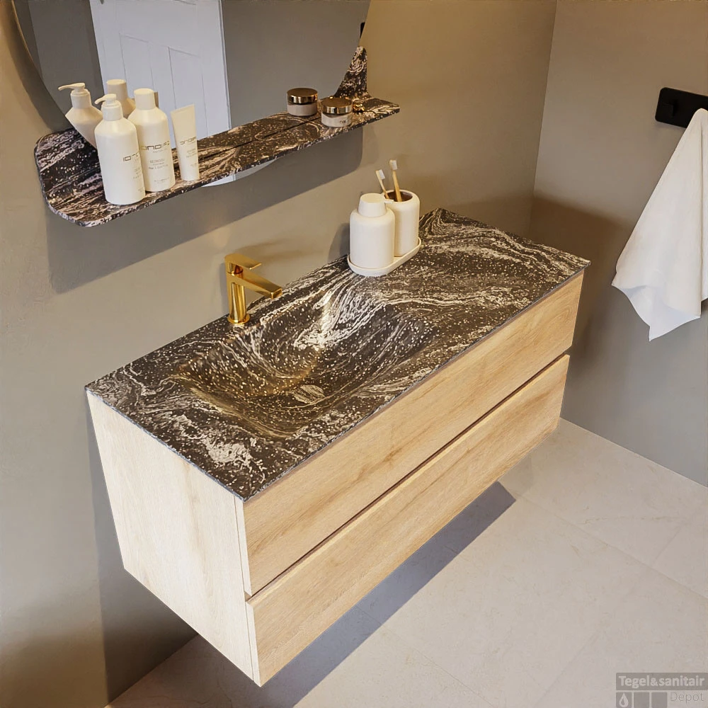 MONDIAZ VICA-DLUX 110cm Badmeubel Onderkast Washed Oak 2 Lades. Inbouw Wastafel CLOUD Links 1 Kraangat, Kleur Lava. 5 MONDIAZ VICA-DLUX 110cm Badmeubel Onderkast Washed Oak 2 Lades. Inbouw Wastafel CLOUD Links 1 Kraangat, Kleur Lava. - Afbeelding 5