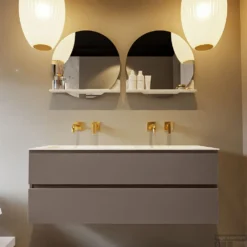 MONDIAZ VICA-DLUX 130cm Badmeubel Onderkast Smoke 2 Lades. Inbouw Wastafel CLOUD Dubbel Zonder Kraangat, Kleur Opalo, En Spiegel Model SPOT -Baden Luxe Verkoop vica dluxe inbouw cloud opalo smoke front2 0031
