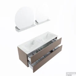 MONDIAZ VICA-DLUX 130cm Badmeubel Onderkast Smoke 2 Lades. Inbouw Wastafel CLOUD Dubbel Zonder Kraangat, Kleur Opalo, En Spiegel Model SPOT -Baden Luxe Verkoop vica dluxe inbouw cloud opalo smoke sp google 3 0031