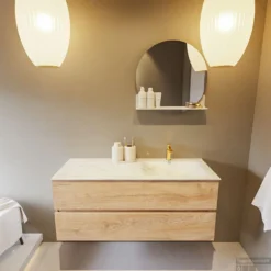 MONDIAZ VICA-DLUX 120cm Badmeubel Onderkast Washed Oak 2 Lades. Inbouw Wastafel CLOUD Rechts 1 Kraangat, Kleur Opalo, En Spiegel Model SPOT -Baden Luxe Verkoop vica dluxe inbouw cloud opalo washed oak front1 0026