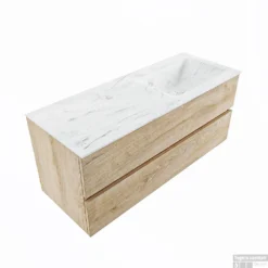 MONDIAZ VICA-DLUX 120cm Badmeubel Onderkast Washed Oak 2 Lades. Inbouw Wastafel CLOUD Rechts 1 Kraangat, Kleur Opalo, En Spiegel Model SPOT