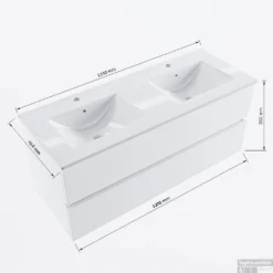 MONDIAZ VICA 120cm Badmeubel Onderkast Antracite 2 Lades. Wastafel DENIA Dubbel 2 Kraangaten, Kleur Glanzend Wit. -Baden Luxe Verkoop vicadenia120dubbel2maattekening 12526264433692