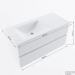 MONDIAZ VICA 100cm Badmeubel Onderkast Ocher 2 Lades. Wastafel CLOUD Links Zonder Kraangat, Kleur Talc Met Spiegel LED. -Baden Luxe Verkoop vicadluxe100cmleftmaattekening 8151264472101 1