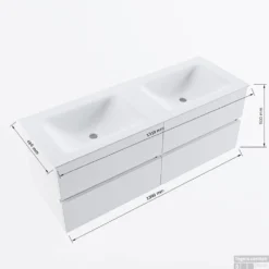 MONDIAZ VICA 130cm Badmeubel Onderkast Greey 4 Lades. Wastafel CLOUD Dubbel Zonder Kraangat, Kleur Talc Met Spiegel LED. -Baden Luxe Verkoop vicadluxe130cm4doublemaattekening 8151264475066 1