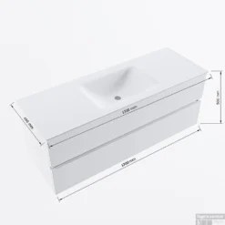 MONDIAZ VICA-DLUX 130cm Badmeubel Onderkast Rust 2 Lades. Inbouw Wastafel CLOUD Midden 1 Kraangat, Kleur Glace, En Spiegel Model SPOT -Baden Luxe Verkoop vicadluxe130cmcentermaattekening 8151264475154