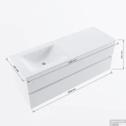 MONDIAZ VICA-DLUX 130cm Badmeubel Onderkast Talc 2 Lades. Inbouw Wastafel CLOUD Links Zonder Kraangat, Kleur Glace. -Baden Luxe Verkoop vicadluxe130cmleftmaattekening 8151264475220 1