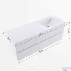 MONDIAZ VICA 130cm Badmeubel Onderkast Carrara 2 Lades. Wastafel CLOUD Rechts Zonder Kraangat, Kleur Talc Met Spiegel LED. -Baden Luxe Verkoop vicadluxe130cmrightmaattekening 8151264475260 1
