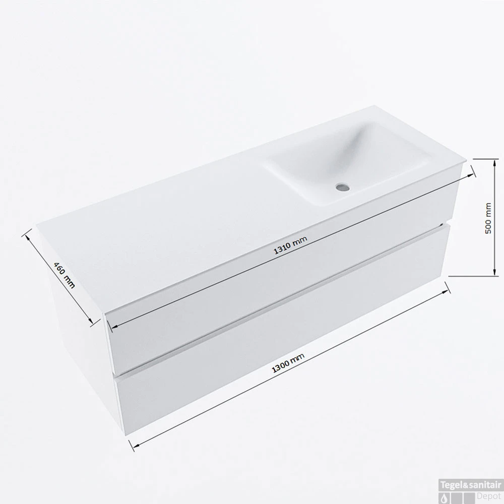 MONDIAZ VICA 130cm Badmeubel Onderkast Plata 2 Lades. Wastafel CLOUD Rechts 1 Kraangat, Kleur Talc. 7 MONDIAZ VICA 130cm Badmeubel Onderkast Plata 2 Lades. Wastafel CLOUD Rechts 1 Kraangat, Kleur Talc. - Afbeelding 7