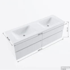 MONDIAZ VICA 140cm Badmeubel Onderkast Rust 4 Lades. Wastafel CLOUD Dubbel Zonder Kraangat, Kleur Talc. -Baden Luxe Verkoop vicadluxe140cm4doublemaattekening 11276264471521 2