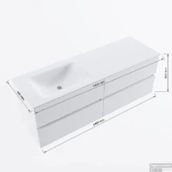 MONDIAZ VICA 140cm Badmeubel Onderkast Rosee 4 Lades. Wastafel CLOUD Links 1 Kraangat, Kleur Talc Met Spiegel LED. -Baden Luxe Verkoop vicadluxe140cm4leftmaattekening 11276264471564