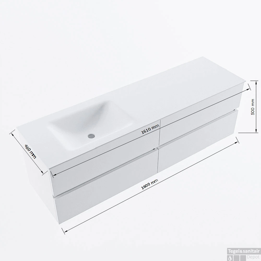 MONDIAZ VICA 160cm Badmeubel Onderkast Smag 4 Lades. Wastafel CLOUD Links Zonder Kraangat, Kleur Talc Met Spiegel LED. 8 MONDIAZ VICA 160cm Badmeubel Onderkast Smag 4 Lades. Wastafel CLOUD Links Zonder Kraangat, Kleur Talc Met Spiegel LED. - Afbeelding 8