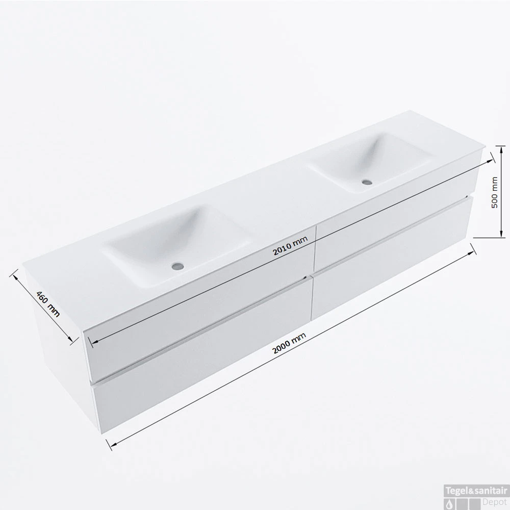 MONDIAZ VICA 200cm Badmeubel Onderkast Smoke 4 Lades. Wastafel CLOUD Dubbel Zonder Kraangat, Kleur Talc Met Spiegel LED. 8 MONDIAZ VICA 200cm Badmeubel Onderkast Smoke 4 Lades. Wastafel CLOUD Dubbel Zonder Kraangat, Kleur Talc Met Spiegel LED. - Afbeelding 8