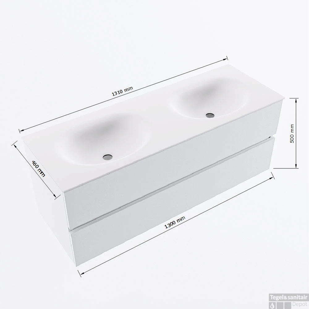 MONDIAZ VICA 130cm Badmeubel Onderkast Marquina 2 Lades. Wastafel Moon Dubbel 2 Kraangaten, Kleur Talc Met Spiegel LED. 8 MONDIAZ VICA 130cm Badmeubel Onderkast Marquina 2 Lades. Wastafel Moon Dubbel 2 Kraangaten, Kleur Talc Met Spiegel LED. - Afbeelding 8