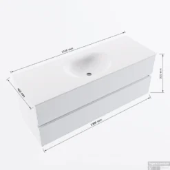 MONDIAZ VICA 130cm Badmeubel Onderkast Ocher 2 Lades. Wastafel Moon Midden Zonder Kraangat, Kleur Talc Met Spiegel LED. -Baden Luxe Verkoop vicamoon130midden2maattekening 12526264451940 1