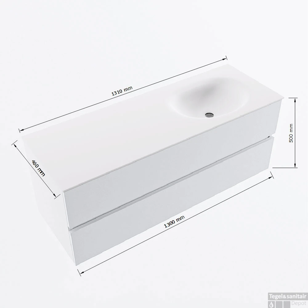 MONDIAZ VICA 130cm Badmeubel Onderkast Marquina 2 Lades. Wastafel MOON Rechts Zonder Kraangat, Kleur Talc. 7 MONDIAZ VICA 130cm Badmeubel Onderkast Marquina 2 Lades. Wastafel MOON Rechts Zonder Kraangat, Kleur Talc. - Afbeelding 7