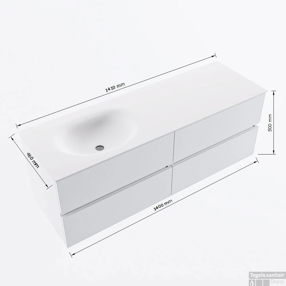 MONDIAZ VICA 140cm Badmeubel Onderkast Plata 4 Lades. Wastafel Moon Links 1 Kraangat, Kleur Talc Met Spiegel LED. 8 MONDIAZ VICA 140cm Badmeubel Onderkast Plata 4 Lades. Wastafel Moon Links 1 Kraangat, Kleur Talc Met Spiegel LED. - Afbeelding 8