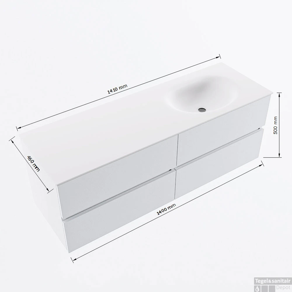 MONDIAZ VICA 140cm Badmeubel Onderkast Fire 4 Lades. Wastafel Moon Rechts 1 Kraangat, Kleur Talc Met Spiegel LED. 8 MONDIAZ VICA 140cm Badmeubel Onderkast Fire 4 Lades. Wastafel Moon Rechts 1 Kraangat, Kleur Talc Met Spiegel LED. - Afbeelding 8