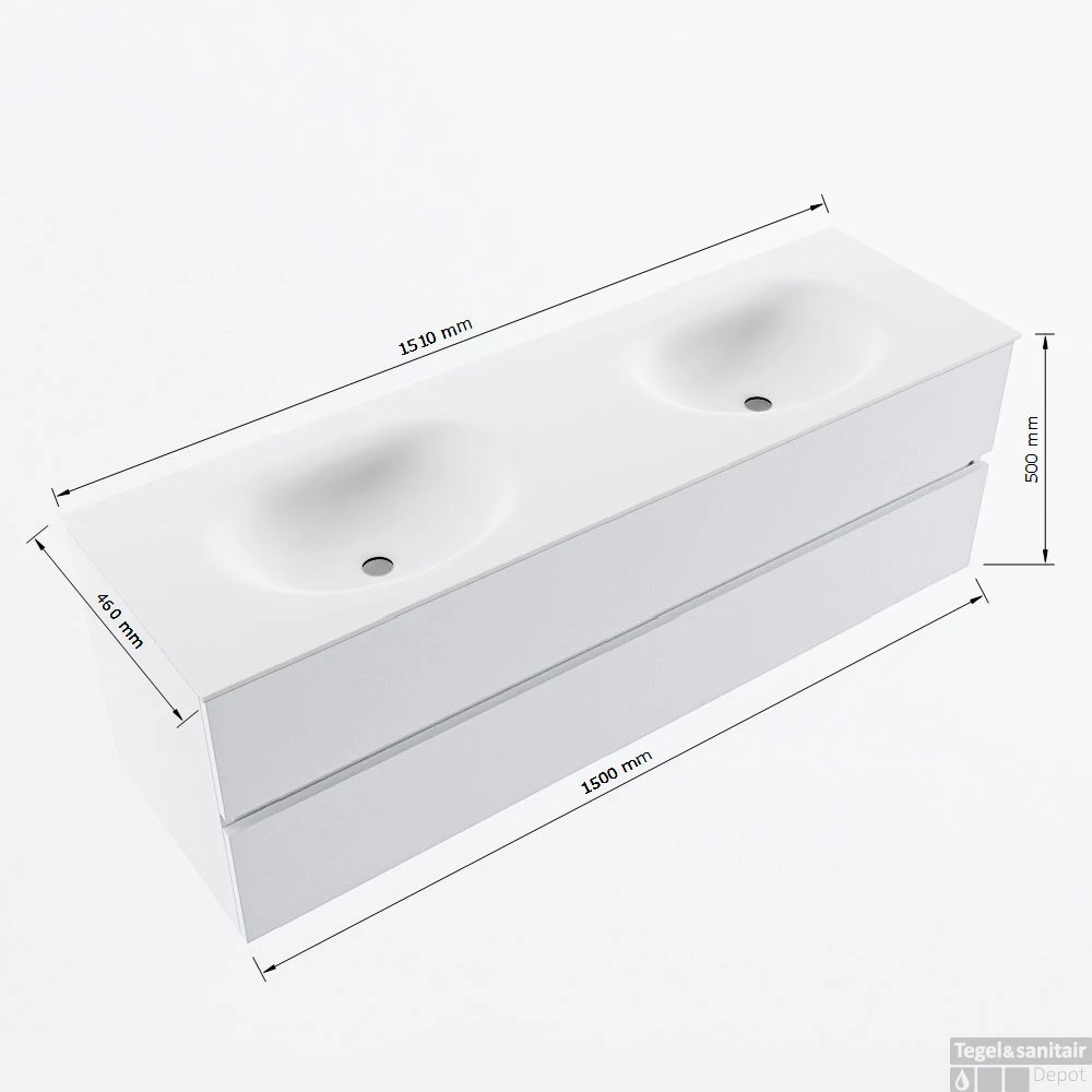 MONDIAZ VICA 150cm Badmeubel Onderkast Plata 2 Lades. Wastafel Moon Dubbel Zonder Kraangat, Kleur Talc Met Spiegel LED. 8 MONDIAZ VICA 150cm Badmeubel Onderkast Plata 2 Lades. Wastafel Moon Dubbel Zonder Kraangat, Kleur Talc Met Spiegel LED. - Afbeelding 8