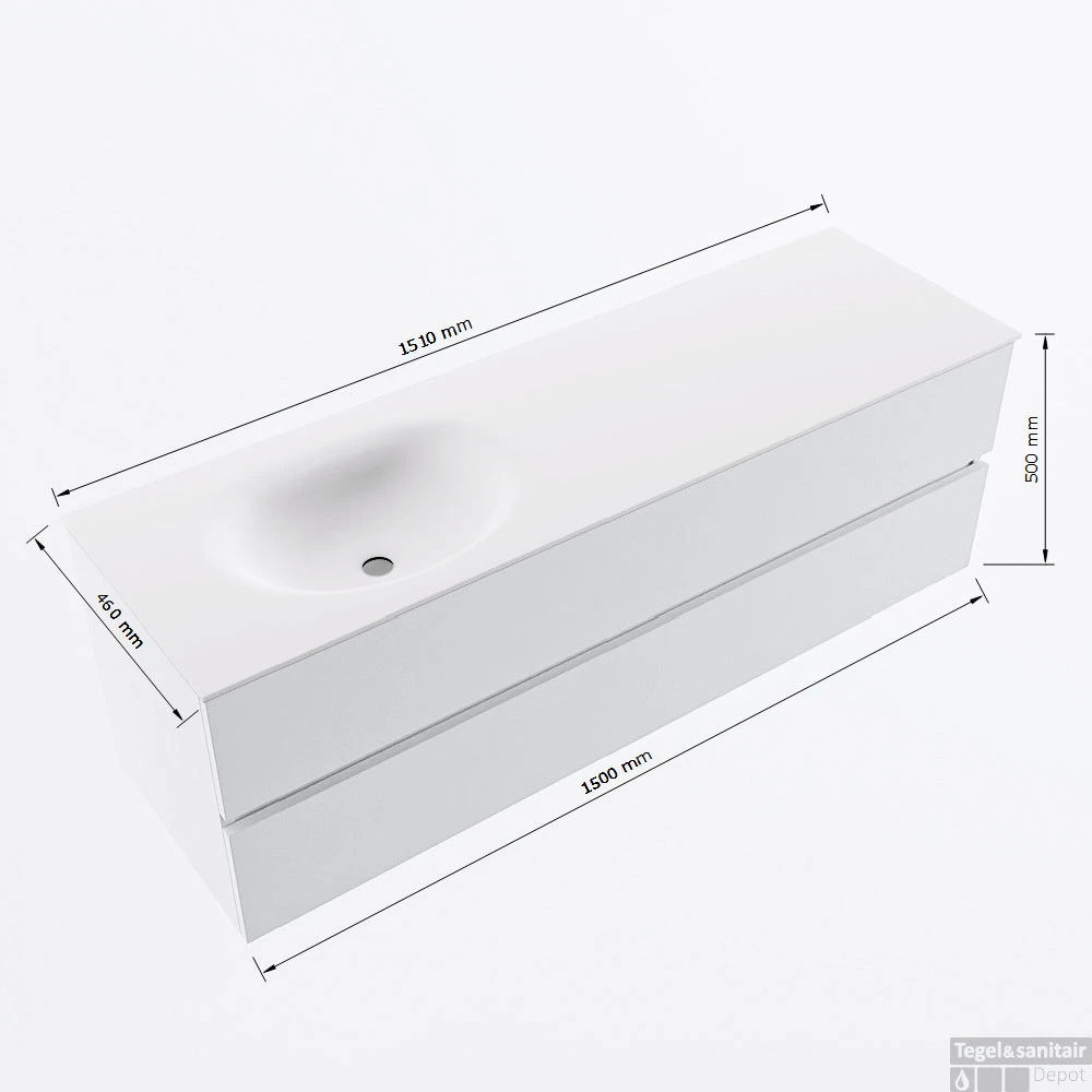 MONDIAZ VICA 150cm Badmeubel Onderkast Light Brown Grey 2 Lades. Wastafel Moon Links Zonder Kraangat, Kleur Talc Met Spiegel LED. 8 MONDIAZ VICA 150cm Badmeubel Onderkast Light Brown Grey 2 Lades. Wastafel Moon Links Zonder Kraangat, Kleur Talc Met Spiegel LED. - Afbeelding 8